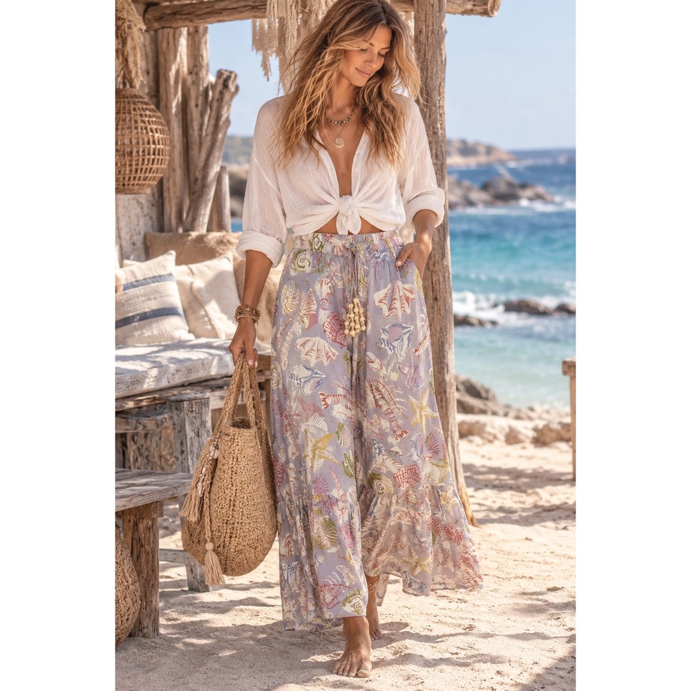 True Destination Women Purple Seashell Lobster Print Wide Leg Ruffle Pants L